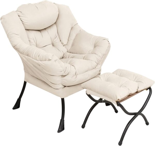 Furlide Lazy Chair with Ottoman, Modern Chair with Folding Footrest Stool Set, Accent Contemporary Lounge Chair, Oversized Armchairs for Bedroom, Study, Living Room, Garden, Courtyard (Beige) - Image 10