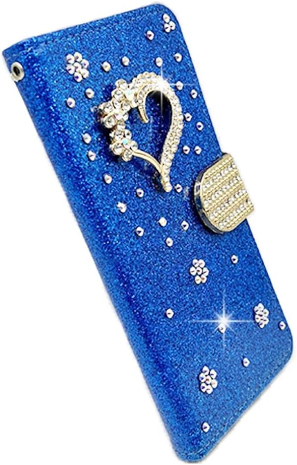 Bling Bling Wallet Case for MOTO G 5G 2024 Pocket Case Blue Glitter 3D Diamond Heart Bling Glitter Pattern PU Leather Folio Shiny Flip Case Kickstand Sparkle Magnetic Book Wallet for MOTO G 5G 2024 - Image 6