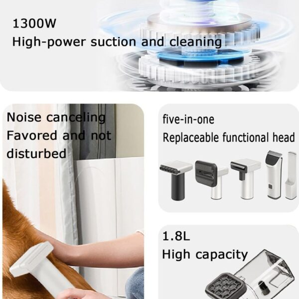 Dog Cat Hair Vacuum Cleaner, Silent Professional Dog Hair Clipper, 1300W High Power, Cat Hair Clipper with 5 Grooming Tools, Vacuums, Clips and Brushes All Types of Hair 1.8L - Image 4
