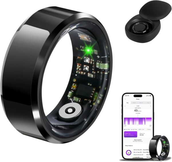 Smart Rings Health Ring Blood Oxygen Blood Pressure HR Heart Rate Monitor Fitness Tracker Sleep Step Counter Waterproof Compatible with ios Android Phones with Charging Case (Black, #9-S-2.34in) - Image 2