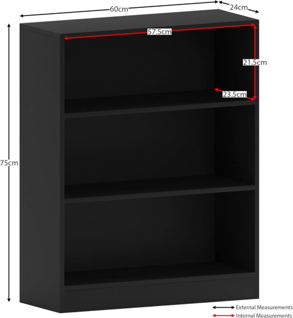 Vida Designs Cambridge 3 Tier Low Bookcase, Black Wooden Shelving Display Storage Unit Office Living Room Furniture - Image 4
