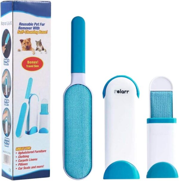 Pet Hair Remover Brush,Tur Remover for Pet Hair and Clothes Double-Sided with Self-Cleaning Base and Travel Size Brush (Blue, streamline) - Image 2
