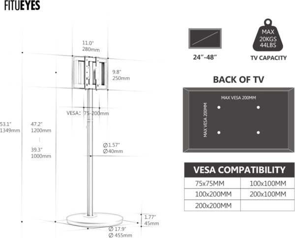 FITUEYES Design TV Floor Stand for 24-48 Inch Minimalism Corner TV Stand Tall Modern TV Stand Height Adjustable Holds 20kg Max VESA 200 * 200 Master Series - Image 6