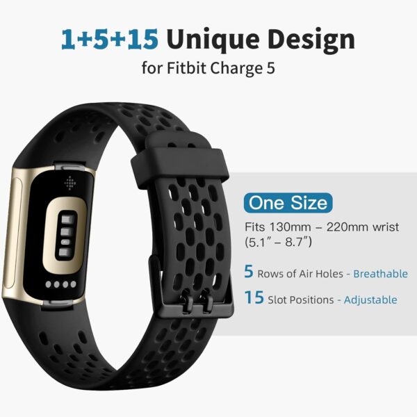 Getino Compatible with Fitbit Charge 5 Bands/Charge 6 Bands for Women Men, Soft Breathable Replacement Sport Strap Adjustable Wristbands for Fitbit Charge 5/ Charge 6 Advanced Fitness Tracker, Black - Image 9