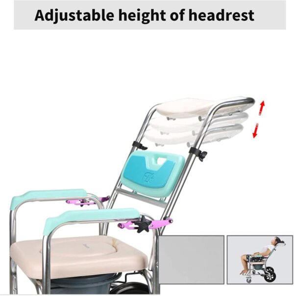 HUNTFF Commode Chair, with Wheeled Toilet Chair/Wheelchair Shower Transport Chair/Bathroom Bath Stool, Adjustable Backrest Angle Shampoo Bathroom Toilet Chair Wash Wheelchair Seat - Image 5