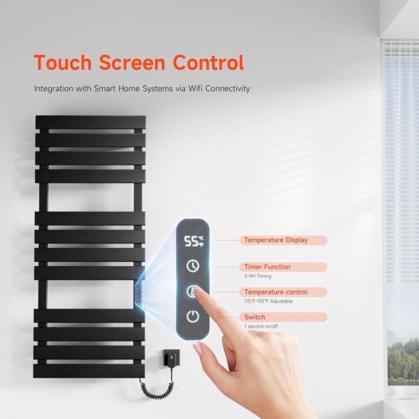 OihPaw Towel Rail Radiator,1300x550 mm WiFi Towel Warmer Rail for Bathroom,526W Wall Mounted electric towel rail with thermostat and LED Indicator,Black Right Electric Heated Towel Rail - Image 4