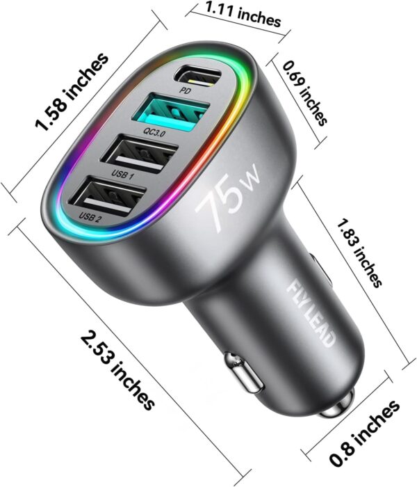 2025 Upgrade 75W USB C Car Charger, 4 Ports [ PD 60W & QC3.0] Super Fast Mini Adapter, USB Car Charger Compatible with iPhone 16/15/Samsung S24, Cigarette Lighter USB Charger for Family Travel - Image 11