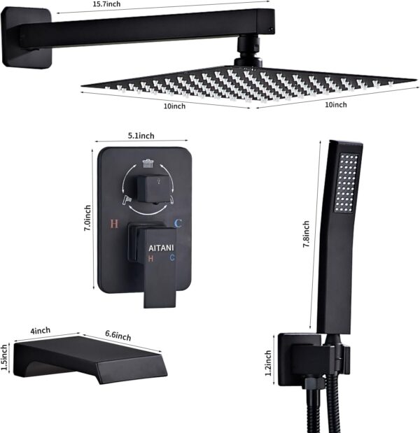 10 Inch Shower Faucet Set with High Pressure Bath Spout Matte Black Square Shower System Rain Shower Head 3 Functions Portable Waterfall Shower Rainfall Shower - Image 8