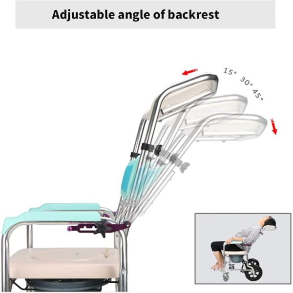 HUNTFF Commode Chair, with Wheeled Toilet Chair/Wheelchair Shower Transport Chair/Bathroom Bath Stool, Adjustable Backrest Angle Shampoo Bathroom Toilet Chair Wash Wheelchair Seat - Image 4