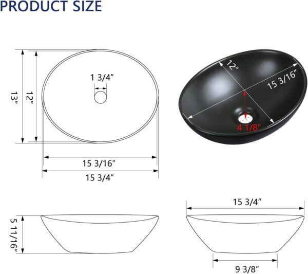 Deervalley Bathroom Sink, 16"x13" Oval Bathroom Vessel Sink above Counter Vanity Sink, Ceramic Wash Basin (Black, DV-1V0011) - Image 3