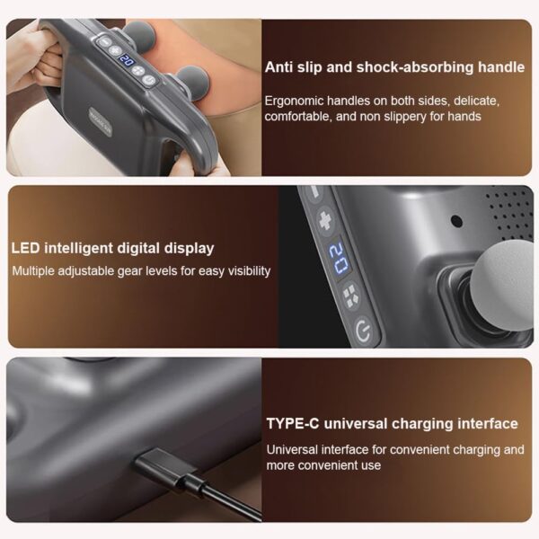 4-Head Massage Gun, Professional Deep Tissue Full Body Massager for The Waist，Leg and Back, 20 Intensity Settings from Soothing Vibration to High-Power Percussion Massage, USB-C Port for Charging - Image 3