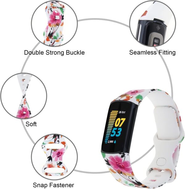 honecumi Charge 5 Strap Compatible with Fitbit Charge 5 Watch Straps for Men Women with Metal Buckle Silicone Pattern Colourful Wristband Bracelet Watchband Replacement Accessories Small Large Strap - Image 3