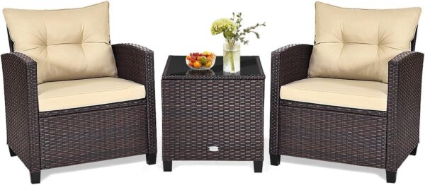 HOMGX 3 Pieces PE Rattan Wicker Patio Sofa Chairs, Outdoor Furniture Conversation Sets with Washable Cushion & Glass Table, Rattan Sofa Set for Balcony, Porch, Yard, Backyard, Lawn, (Mix Brown) - Image 2