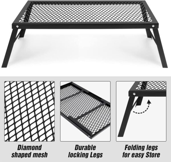 CADARA Folding Campfire Grill Heavy Duty Steel Grate with Legs Portable Over Fire Camp Grill for Outdoor Cooking, Black (21.6" x 11.8") - Image 6