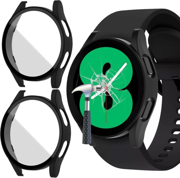 Jvchengxi [2 Pack Case for Samsung Galaxy Watch 4 / FE 40mm Screen Protector, Hard PC Matt Case+HD Tempered Glass Anti-Scratch Protective Film Bumper Cover for Galaxy Watch FE / 4 (Black/Black) - Image 2