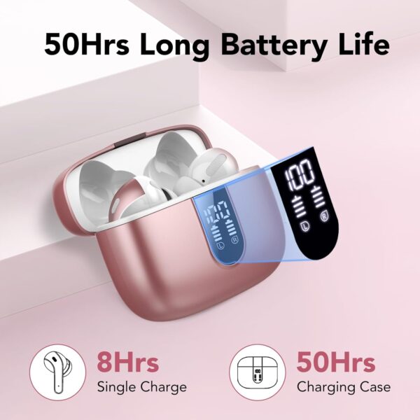 Ear Buds Wireless Earbuds, 50Hrs Playtime Bluetooth Earphones, Bluetooth Headphones 5.3, In Ear with 4 ENC Call Noise Cancelling Mics, Bass Boost 85%, Mini Earbuds IPX7 Waterproof, USB-C(Rose) - Image 4