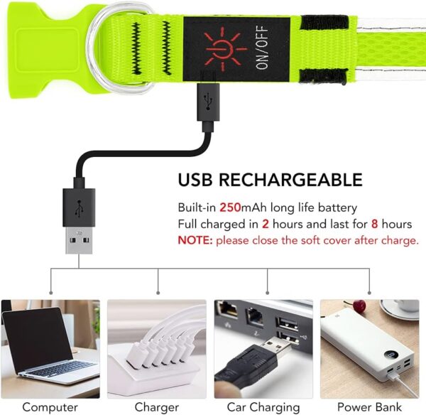 YFbrite Light up Dog Collar, Rechargeable LED Dog Collar, Flashing Dog Collar, Adjustable Reflective Dog Collar Safety Glowing at night (Green, Medium) - Image 4