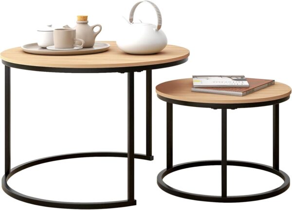 HOJINLINERO Black Round Coffee Table Set of 2 Side Table for Living Room,69.5x49cm Industrial Stacking End Tables,Wood Look Accent Furniture with Metal Frame End Table for Bedroom Decorations,Black - Image 2