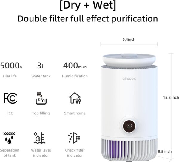 AIRAPEX 2 in 1 Air Purifier and Evaporative Humidifier Combo for Bedroom, H13 True HEPA Filter, Cool Mist-Free Air Humidifier evaporative WIFI Connect - Image 3