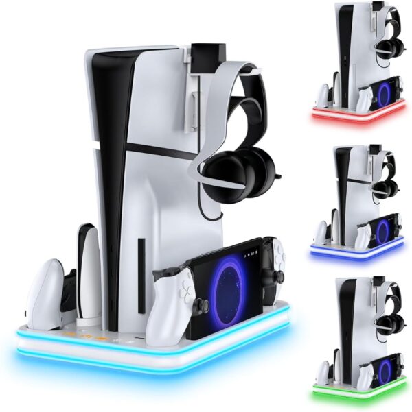 PS5 Slim Cooling Station with RGB LED Controller Charger, PS5 Accessories - White - Image 2
