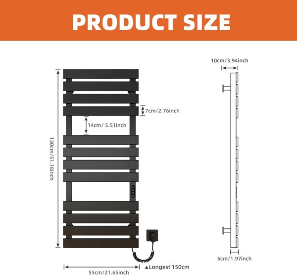 OihPaw Towel Rail Radiator,1300x550 mm WiFi Towel Warmer Rail for Bathroom,526W Wall Mounted electric towel rail with thermostat and LED Indicator,Black Right Electric Heated Towel Rail - Image 7