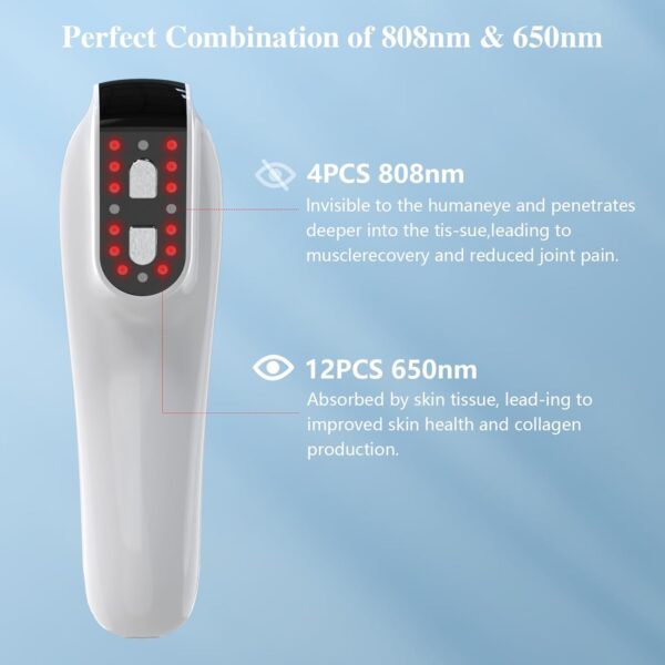 KTS Handheld Red Light Therapy Device for Pain Relief, 12 x 650nm&4 x 808nm Infrared Light Therapy, Portable Red Light Therapy for Joint Muscle Knee Back Shoulder Reliever with Goggles, White - Image 3