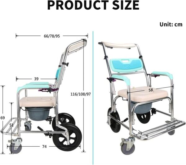 HUNTFF Commode Chair, with Wheeled Toilet Chair/Wheelchair Shower Transport Chair/Bathroom Bath Stool, Adjustable Backrest Angle Shampoo Bathroom Toilet Chair Wash Wheelchair Seat - Image 7