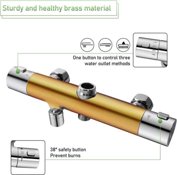SHANFO Thermostatic Exposed Shower System - Rectangle Overhead Shower, Hand Shower and Bath Filler Combo - Chrome - Image 6