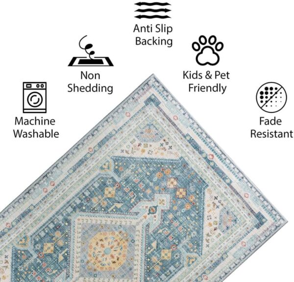 Vernal 170 cm X 240 cm Senglea Stone Blue, Yellow and Cream Machine Washable Rug | Traditional Vintage Floral Rug for Bedroom, Living Room, Kitchen, Dinning, Hallway, Entryway, Laundry & Kids Room - Image 4