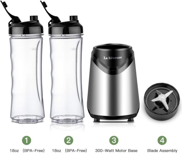 La Reveuse Smoothie Blender Personal Size with 2 BPA Free Portable Travel Sports Bottles (550ml),300 Watts,Silver - Image 3