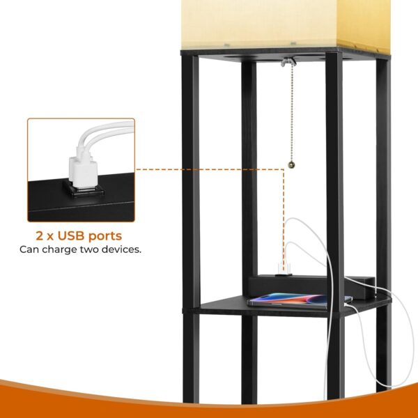 DEANIC Floor Lamp with Shelves, Modern Standard LED Lamps Living Room Bedroom Office, Wooden Tall Standing Lamp Reading Lamp Stand (Black, with USB Charging) - Image 5