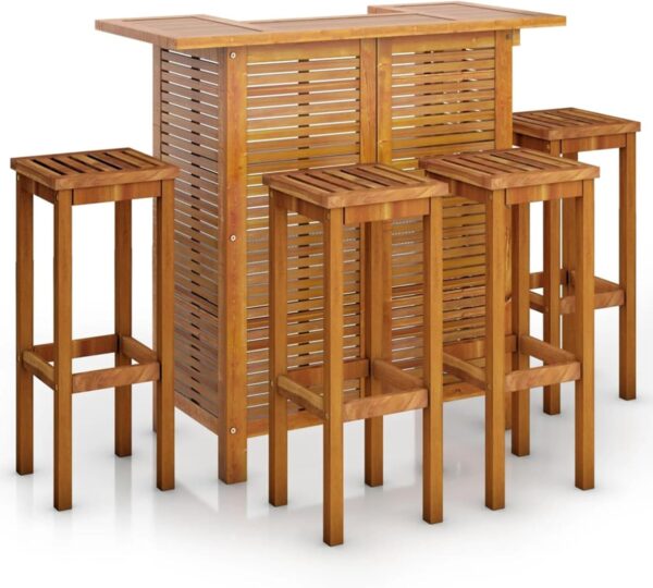 5 Piece Outdoor Bar Set Patio Dining Set with Solid Wood Acacia Furniture and Bar Stools - Image 3