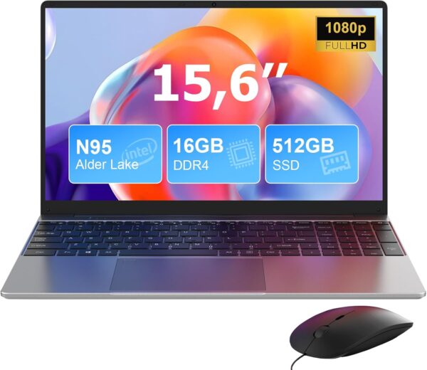 15.6 Inch Laptop, Quad-Core N95 Processor Up to 3.4GHz (Beat N5095), 16GB DDR4 512GB SSD Notebook Computers, 1080P FHD Display Laptops Computer, WiFi 5G, Type-C, USB 3.0, with Keyboard Film UK/Mouse - Image 2