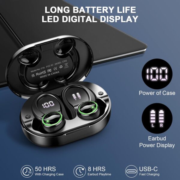 Wireless Earbuds, Bluetooth 5.4 Headphones with 4 ENC Noise Canceling Mic, 50H Playtime Stereo Wireless Earphones with LED Display, Over Ear Buds with Earhooks, IP7 Waterproof for Sport/Running/Gym - Image 8