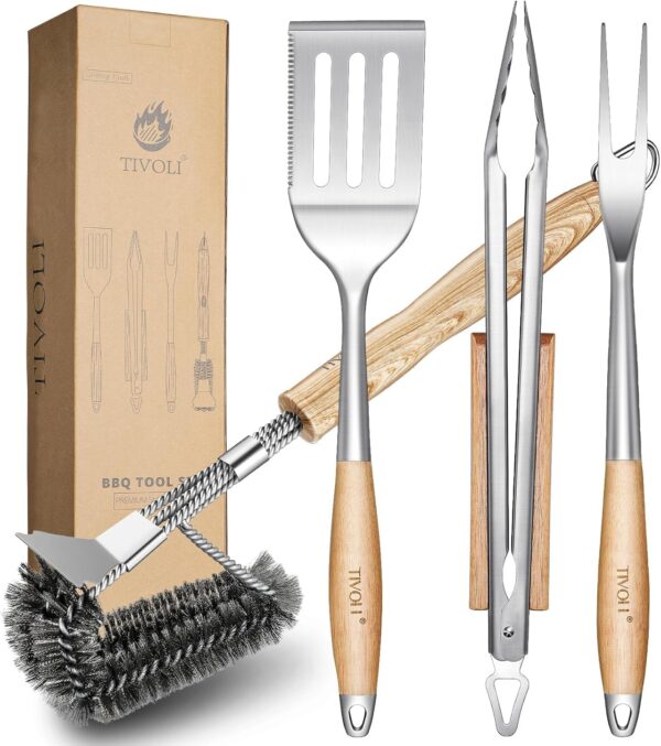 TIVOLI Grill Set 4PC BBQ Tools Set Grill Accessories with BBQ Spatula, BBQ Clips, Brushes, BBQ Forks Heavy Duty Grill Kit Grill Tools for Outdoor Grill with Wood Handles Gift Ideas for Dad Man - Image 2