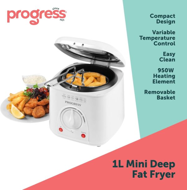 Progress EK2969P Electric 1L Mini Deep Fat Fryer - Removable Cooking Basket, Easy Clean, Non-Slip, Variable Temperature Control to 190°, Non-Stick Oil Tank, Detachable Handle, Countertop Chip Pan - Image 3