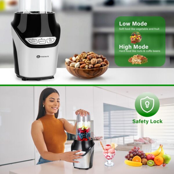 PureMate Blender and Food Processor - Powerful 18,000 RPM Extractor Blends Frozen Fruit, Nuts & Ice – 1000W Motor with Stainless Steel Blades and 3 Speed Settings – Ideal For Smoothies & Post Workout - Image 7