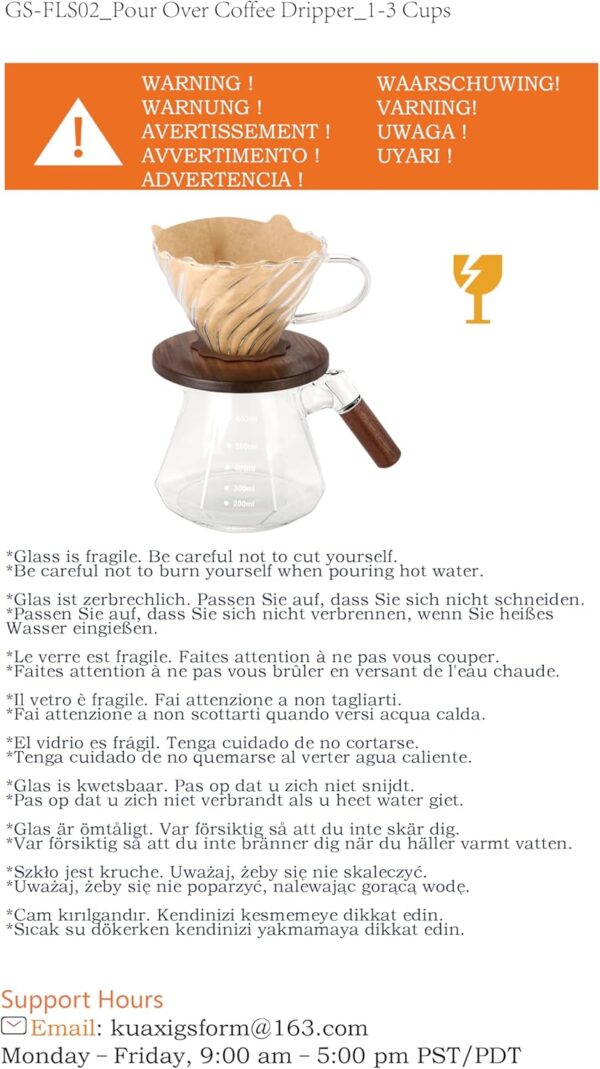 Lalord Pour Over Coffee Maker, 600 ml Borosilicate Glass Set with 100 pcs Size 02 Paper Filter, Walnut Collar & Glass Lid, Drip Coffee Maker, 1-3 Cups, Clear - Image 8