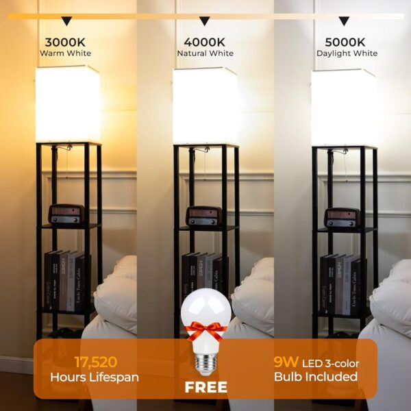 DEANIC Floor Lamp with Shelves, Modern Standard LED Lamps Living Room Bedroom Office, Wooden Tall Standing Lamp Reading Lamp Stand (Black, with USB Charging) - Image 3