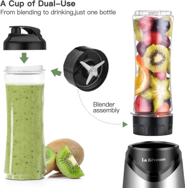 La Reveuse Smoothie Blender Personal Size with 2 BPA Free Portable Travel Sports Bottles (550ml),300 Watts,Silver - Image 4