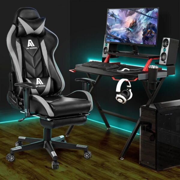 AA Products Gaming Chair High Back Ergonomic Computer Racing Chair Adjustable Office Chair with Footrest, Lumbar Support Swivel Chair - Grey - Image 3