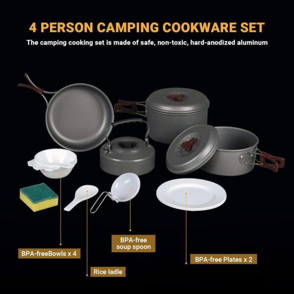 Bulin 20/13/9/7/3 PCS Camping Cookware Mess Kit, Nonstick Lightweight Backpacking Cooking Set, Outdoor Cook Gear for Family Hiking, Picnic(Kettle, Pot, Frying Pan, Bowls, Plates, Spoon) - Image 3