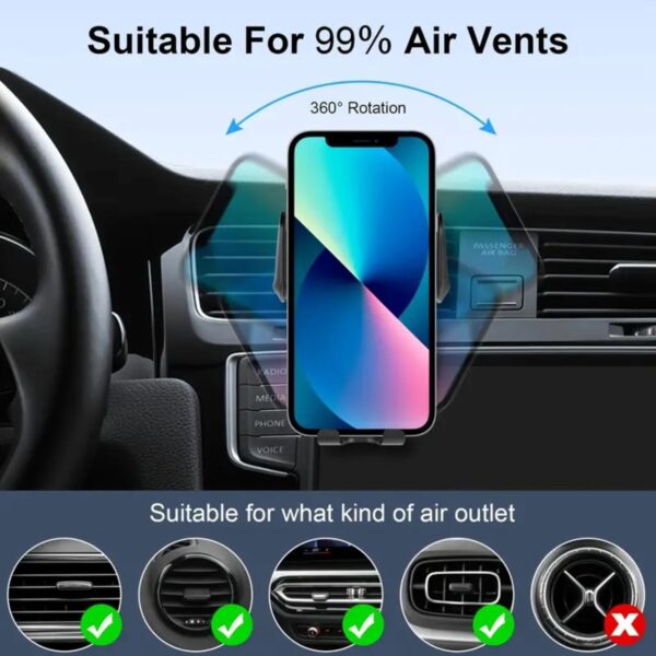 15W Car Phone Holder Wireless Charger, Smart Induction Automatic Clamping, Wireless Car Charger Mount, Air Vent, for iPhone 15 14 13 12 Series & Samsung S24 S23 Series (Black) - Image 5