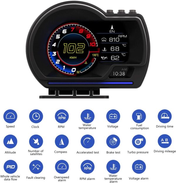 AMROOLOO Head up Display Car, OBD In-car Display, GPS Speedometer, with Multiple Reminder Functions, Suitable for All Cars - Image 4