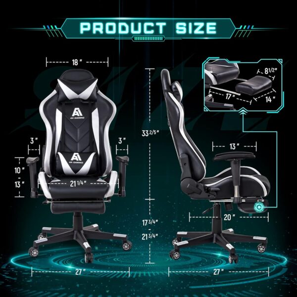 AA Products Gaming Chair High Back Ergonomic Computer Racing Chair Adjustable Office Chair with Footrest, Lumbar Support Swivel Chair - White - Image 4