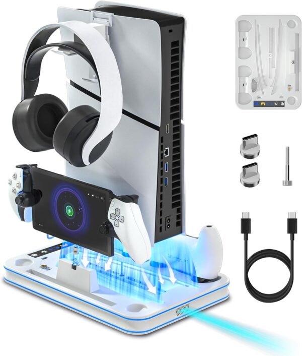 PS5 Slim Cooling Station with RGB LED Controller Charger, PS5 Accessories - White - Image 9
