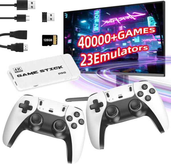 Tufertum Wireless Retro Game Console, 40,000+ Pre-installed Games, 23 Emulators, 4K HDMI, Wireless Controllers, White, TV Plug & Play, Retro Theme - Image 2