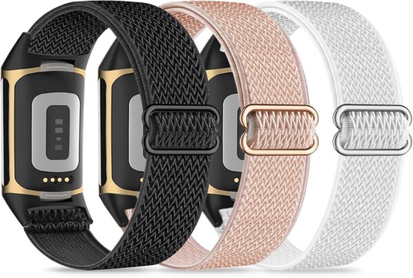 3 Pack Nylon Elastic Watch Bands Compatible with Fitbit Charge 5,Stretchy Adjustable Loop Fabric Sport Strap for Fitbit Charge 5 Fitness Tracker,Soft Breathable Wristband for Women Men. - Image 2