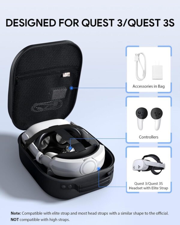 Aubika Hard Carrying Case for Meta Quest 3S/Oculus Quest 3&2&Pro/Pico 4/Vision Pro, Compatible with Elite/Battery Headset Strap Accessories, Suitable for Travel and Home Storage (Black) - Image 8