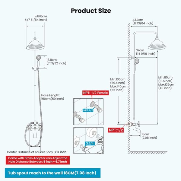 gotonovo Bathroom Exposed Shower Faucet 8 Inch Rainfall Shower Head Set with Tub Spout and Handheld Spray Double Cross Handles Wall Mount Straight Bar without Shower Shelf Polished Gold - Image 7